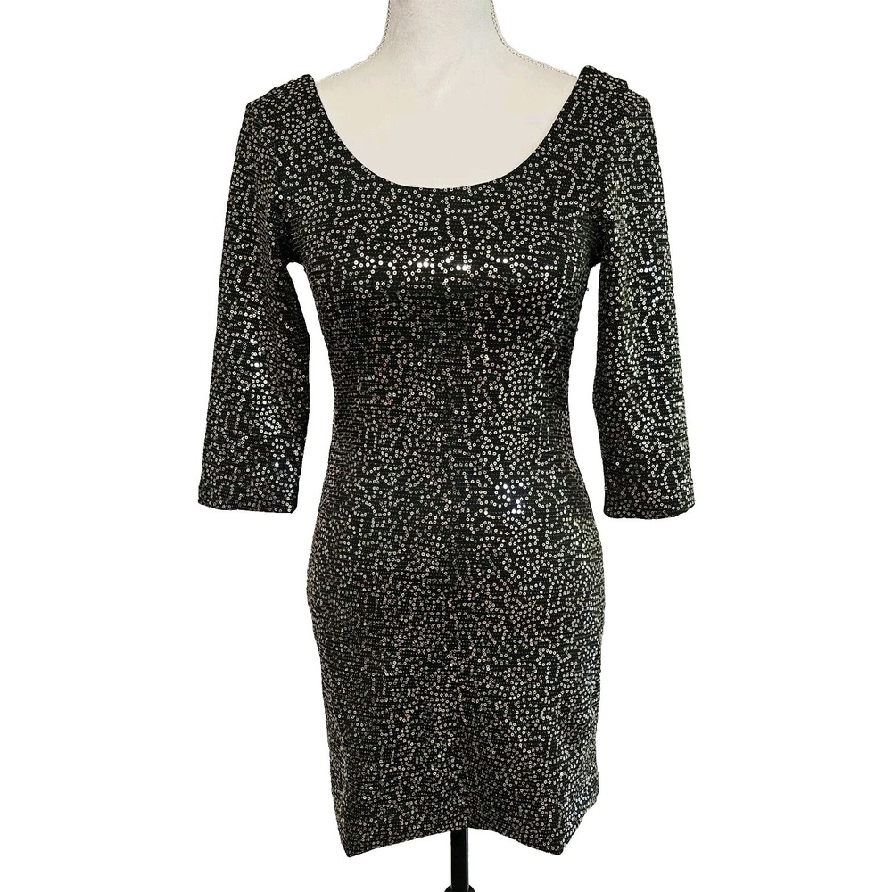 NWT As‎ U Wish $69 Black Gold Sequin Plunging Back Dress Size S Vamp Goth